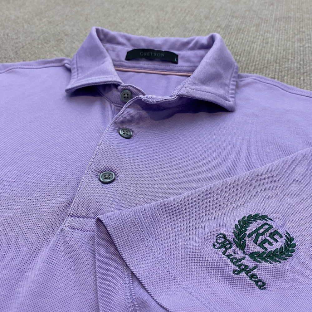 Greyson Polo Shirt Mens Large Purple Brrr° Golf Performance Stretch Ridglea Logo